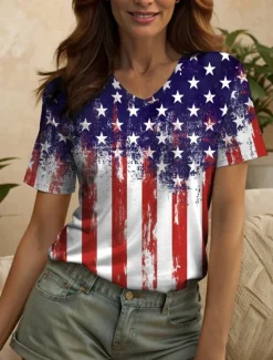 Online Women's Patriotic T Shirt Graphic American Flag Vintage Stylish Classic Red White And Blue Short Sleeve V Neck Regular Tops Daily Weekend Print Summer Spring Women Independence Day Top