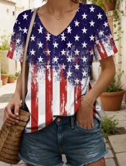 Online Women's Patriotic T Shirt Graphic American Flag Vintage Stylish Classic Red White And Blue Short Sleeve V Neck Regular Tops Daily Weekend Print Summer Spring Women Independence Day Top