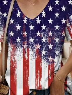 Online Women's Patriotic T Shirt Graphic American Flag Vintage Stylish Classic Red White And Blue Short Sleeve V Neck Regular Tops Daily Weekend Print Summer Spring Women Independence Day Top