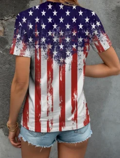Online Women's Patriotic T Shirt Graphic American Flag Vintage Stylish Classic Red White And Blue Short Sleeve V Neck Regular Tops Daily Weekend Print Summer Spring Women Independence Day Top