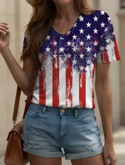 Online Women's Patriotic T Shirt Graphic American Flag Vintage Stylish Classic Red White And Blue Short Sleeve V Neck Regular Tops Daily Weekend Print Summer Spring Women Independence Day Top