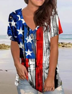Clearance Women's Patriotic T Shirt Graphic Flag Vintage Stylish Casual Short Sleeve V Neck Regular Tops Daily Print Black Red Blue Summer Spring Women Independence Day Top