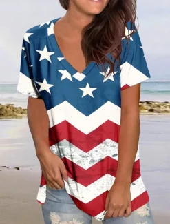 Clearance Women's Patriotic T Shirt Graphic Flag Vintage Stylish Casual Short Sleeve V Neck Regular Tops Daily Print Black Red Blue Summer Spring Women Independence Day Top