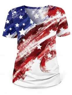 Clearance Women's Patriotic T Shirt Flag American Flag National Flag Stylish Casual Red White And Blue Short Sleeve V Neck Regular Tops Daily Print Summer Spring Women Independence Day Top