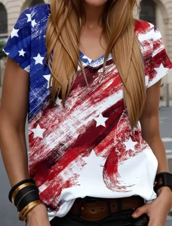 Clearance Women's Patriotic T Shirt Flag American Flag National Flag Stylish Casual Red White And Blue Short Sleeve V Neck Regular Tops Daily Print Summer Spring Women Independence Day Top