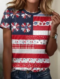 Best Women's Patriotic T Shirt Graphic Flag American Flag Vintage Stylish Classic Short Sleeve Crew Neck Regular Tops Daily Weekend Print White Red Summer Spring Women Independence Day Top