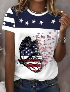 Best Women's Patriotic T Shirt Graphic Flag American Flag Vintage Stylish Classic Short Sleeve Crew Neck Regular Tops Daily Weekend Print White Red Summer Spring Women Independence Day Top