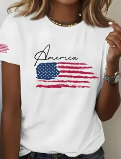 Best Women's Patriotic T Shirt Graphic Flag American Flag Vintage Stylish Classic Short Sleeve Crew Neck Regular Tops Daily Weekend Print White Red Summer Spring Women Independence Day Top