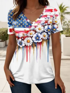 Women's Patriotic T Shirt Graphic American Flag Vintage Stylish Classic Short Sleeve V Neck Regular Tops Daily Weekend Print Summer Women Independence Day Top