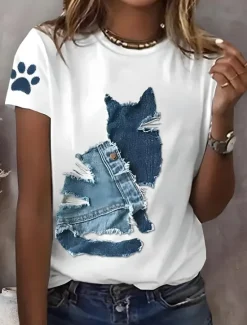 Online Women's Patriotic T Shirt Graphic Animal Cat Vintage Stylish Classic Short Sleeve Crew Neck Regular Tops Daily Weekend Print White Blue Summer Spring Women T-Shirts|Independence Day Top