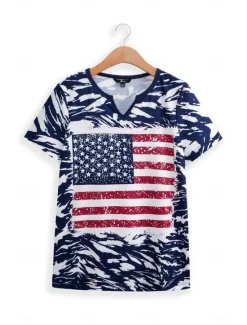 Sale Women's Patriotic T Shirt American Flag Camo Print Red White And Blue Short Sleeve V Neck Button Detail Casual Summer Top Regular Plus Size Clothing Apparel Women Independence Day Top