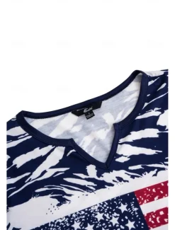 Sale Women's Patriotic T Shirt American Flag Camo Print Red White And Blue Short Sleeve V Neck Button Detail Casual Summer Top Regular Plus Size Clothing Apparel Women Independence Day Top