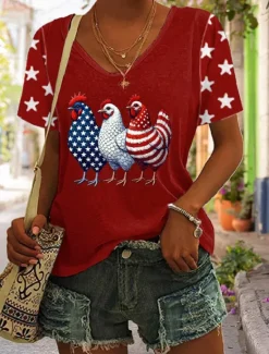 Discount Women's Patriotic T Shirt Graphic Animal Flag Stylish Casual Short Sleeve V Neck Regular Tops Daily Print Black White Red Summer Spring Women Independence Day Top