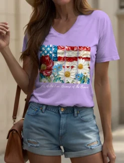 New Women's Patriotic T Shirt Floral Graphic Letter Vintage Stylish Classic Short Sleeve V Neck Regular Tops Daily Weekend Print Black White Pink Blue Purple Summer Spring Women Independence Day Top