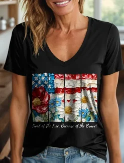 New Women's Patriotic T Shirt Floral Graphic Letter Vintage Stylish Classic Short Sleeve V Neck Regular Tops Daily Weekend Print Black White Pink Blue Purple Summer Spring Women Independence Day Top