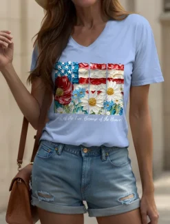 New Women's Patriotic T Shirt Floral Graphic Letter Vintage Stylish Classic Short Sleeve V Neck Regular Tops Daily Weekend Print Black White Pink Blue Purple Summer Spring Women Independence Day Top