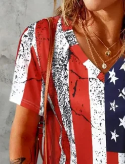 Women's Patriotic T Shirt Graphic American Flag Vintage Stylish Modern Short Sleeve V Neck Regular Tops Daily Weekend Print Summer Spring Women Independence Day Top