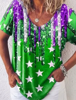 Online Women's Patriotic T Shirt Graphic Flag Stylish Casual Short Sleeve V Neck Regular Tops Daily Print Royal Blue Blue Fuchsia Green Summer Spring Women Independence Day Top