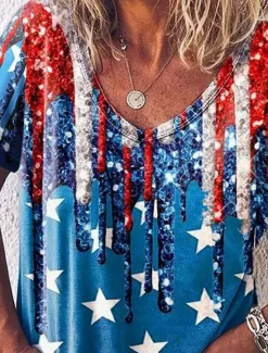 Online Women's Patriotic T Shirt Graphic Flag Stylish Casual Short Sleeve V Neck Regular Tops Daily Print Royal Blue Blue Fuchsia Green Summer Spring Women Independence Day Top