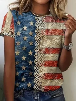 Hot Women's Patriotic T Shirt Floral Graphic Flag Fashion Casual Short Sleeve Crew Neck Round Neck Regular Tops Daily Print Blue Khaki Summer Spring Women T-Shirts|Independence Day Top