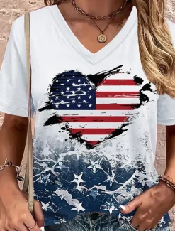Sale Women's Patriotic T Shirt Heart Graphic American Flag Vintage Stylish Classic Short Sleeve V Neck Regular Tops Daily Print Summer Spring Women Independence Day Top