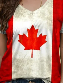 New Women's Patriotic T Shirt Graphic Flag Vintage Stylish Casual Short Sleeve V Neck Regular Tops Daily Weekend Print White Red Summer Spring Women Independence Day Top