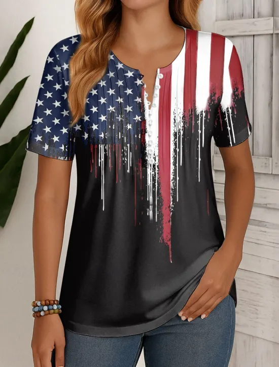 New Women's Patriotic T Shirt Graphic Flag Vintage Stylish Classic Short Sleeve Round Neck Regular Tops Daily Weekend Beach Wear Buttons Smocked Print Black Red Women Independence Day Top