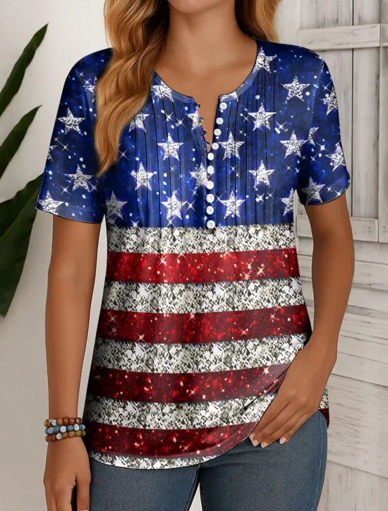 New Women's Patriotic T Shirt Graphic Flag Vintage Stylish Classic Short Sleeve Round Neck Regular Tops Daily Weekend Beach Wear Buttons Smocked Print Black Red Women Independence Day Top