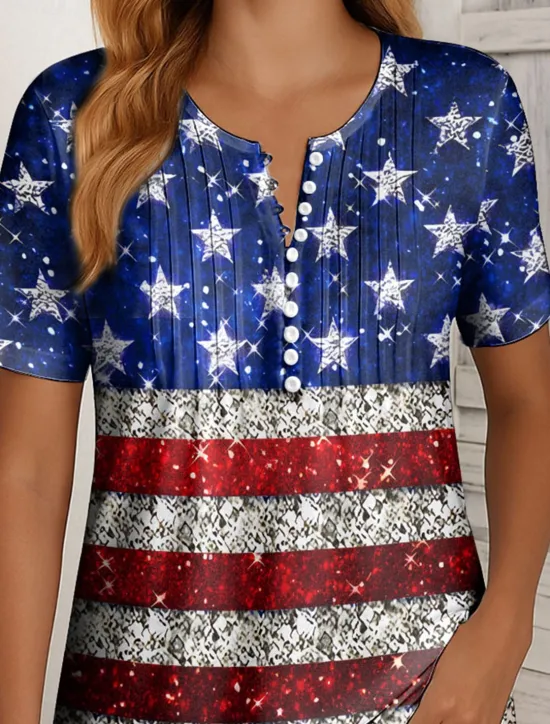 New Women's Patriotic T Shirt Graphic Flag Vintage Stylish Classic Short Sleeve Round Neck Regular Tops Daily Weekend Beach Wear Buttons Smocked Print Black Red Women Independence Day Top
