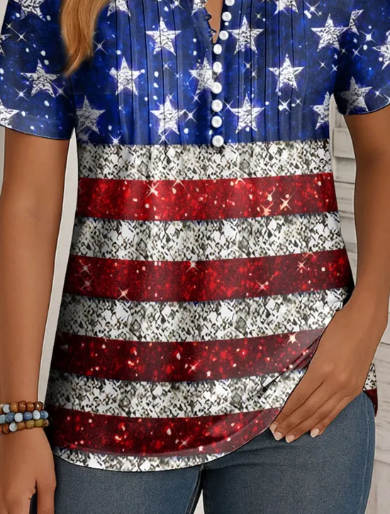 New Women's Patriotic T Shirt Graphic Flag Vintage Stylish Classic Short Sleeve Round Neck Regular Tops Daily Weekend Beach Wear Buttons Smocked Print Black Red Women Independence Day Top