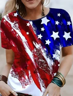 Hot Women's Patriotic T Shirt Graphic Flag Vintage Stylish Classic Short Sleeve Crew Neck Round Neck Regular Tops Daily Weekend Print Black White Navy Blue Royal Blue Women Independence Day Top