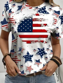 Hot Women's Patriotic T Shirt Graphic Flag Vintage Stylish Classic Short Sleeve Crew Neck Round Neck Regular Tops Daily Weekend Print Black White Navy Blue Royal Blue Women Independence Day Top