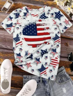 Hot Women's Patriotic T Shirt Graphic Flag Vintage Stylish Classic Short Sleeve Crew Neck Round Neck Regular Tops Daily Weekend Print Black White Navy Blue Royal Blue Women Independence Day Top