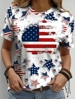Hot Women's Patriotic T Shirt Graphic Flag Vintage Stylish Classic Short Sleeve Crew Neck Round Neck Regular Tops Daily Weekend Print Black White Navy Blue Royal Blue Women Independence Day Top