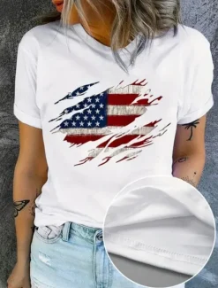 Hot Women's Patriotic T Shirt Graphic Flag Vintage Stylish Classic Short Sleeve Crew Neck Round Neck Regular Tops Daily Weekend Print Black White Navy Blue Royal Blue Women Independence Day Top