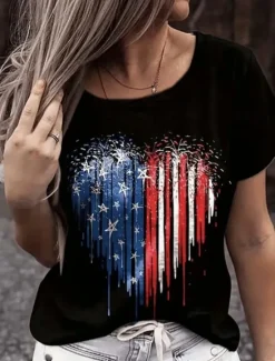 Hot Women's Patriotic T Shirt Graphic Flag Vintage Stylish Classic Short Sleeve Crew Neck Round Neck Regular Tops Daily Weekend Print Black White Navy Blue Royal Blue Women Independence Day Top