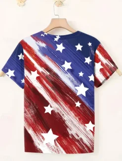 New Women's Patriotic T Shirt Casual Print Short Sleeve Regular Tops V Neck Daily Summer Women Independence Day Top