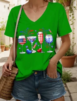 Best Women's Patriotic T Shirt Heart Graphic Star Vintage Stylish Classic Short Sleeve V Neck Regular Tops Daily Weekend Print Black White Red Blue Purple Summer Spring Women Independence Day Top