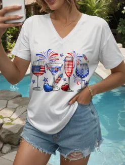 Best Women's Patriotic T Shirt Heart Graphic Star Vintage Stylish Classic Short Sleeve V Neck Regular Tops Daily Weekend Print Black White Red Blue Purple Summer Spring Women Independence Day Top