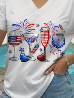 Best Women's Patriotic T Shirt Heart Graphic Star Vintage Stylish Classic Short Sleeve V Neck Regular Tops Daily Weekend Print Black White Red Blue Purple Summer Spring Women Independence Day Top
