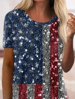 Best Women's Patriotic T Shirt Graphic Flag Vintage Stylish Classic Short Sleeve Crew Neck Regular Tops Daily Print Summer Spring Women Independence Day Top