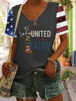Outlet Women's Patriotic T Shirt Graphic Flag Vintage Stylish Casual Short Sleeve V Neck Regular Tops Daily Print Black White Blue Gray Summer Spring Women Independence Day Top