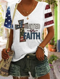 Outlet Women's Patriotic T Shirt Graphic Flag Vintage Stylish Casual Short Sleeve V Neck Regular Tops Daily Print Black White Blue Gray Summer Spring Women Independence Day Top