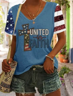 Outlet Women's Patriotic T Shirt Graphic Flag Vintage Stylish Casual Short Sleeve V Neck Regular Tops Daily Print Black White Blue Gray Summer Spring Women Independence Day Top