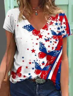 Clearance Women's Patriotic T Shirt Graphic Flag Butterfly Vintage Stylish Classic Short Sleeve V Neck Regular Tops Daily Print Red Purple Orange Summer Spring Women Independence Day Top