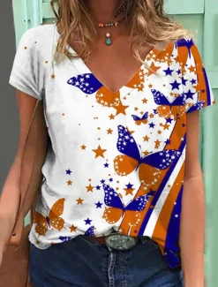 Clearance Women's Patriotic T Shirt Graphic Flag Butterfly Vintage Stylish Classic Short Sleeve V Neck Regular Tops Daily Print Red Purple Orange Summer Spring Women Independence Day Top