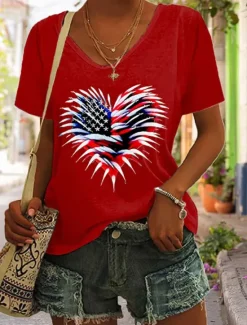 Hot Women's Patriotic T Shirt Graphic Flag American Flag Vintage Stylish Classic Short Sleeve V Neck Regular Tops Daily Weekend Print Black White Red Blue Green Women Independence Day Top