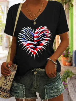 Hot Women's Patriotic T Shirt Graphic Flag American Flag Vintage Stylish Classic Short Sleeve V Neck Regular Tops Daily Weekend Print Black White Red Blue Green Women Independence Day Top