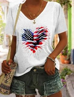 Hot Women's Patriotic T Shirt Graphic Flag American Flag Vintage Stylish Classic Short Sleeve V Neck Regular Tops Daily Weekend Print Black White Red Blue Green Women Independence Day Top