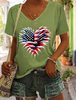 Hot Women's Patriotic T Shirt Graphic Flag American Flag Vintage Stylish Classic Short Sleeve V Neck Regular Tops Daily Weekend Print Black White Red Blue Green Women Independence Day Top